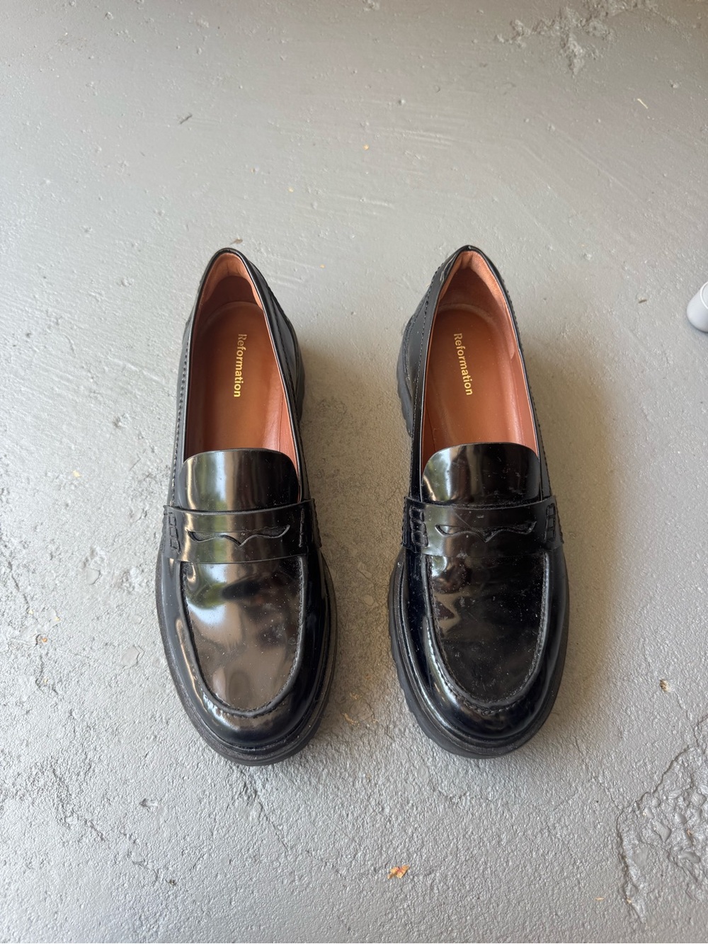 Reformation Black Patent Leather Penny Loafers for Women. Worn a few times